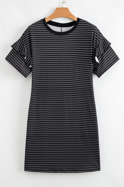 Black Stripe Ruffled Short Sleeve Crew Neck T Shirt Shift Mini Dress