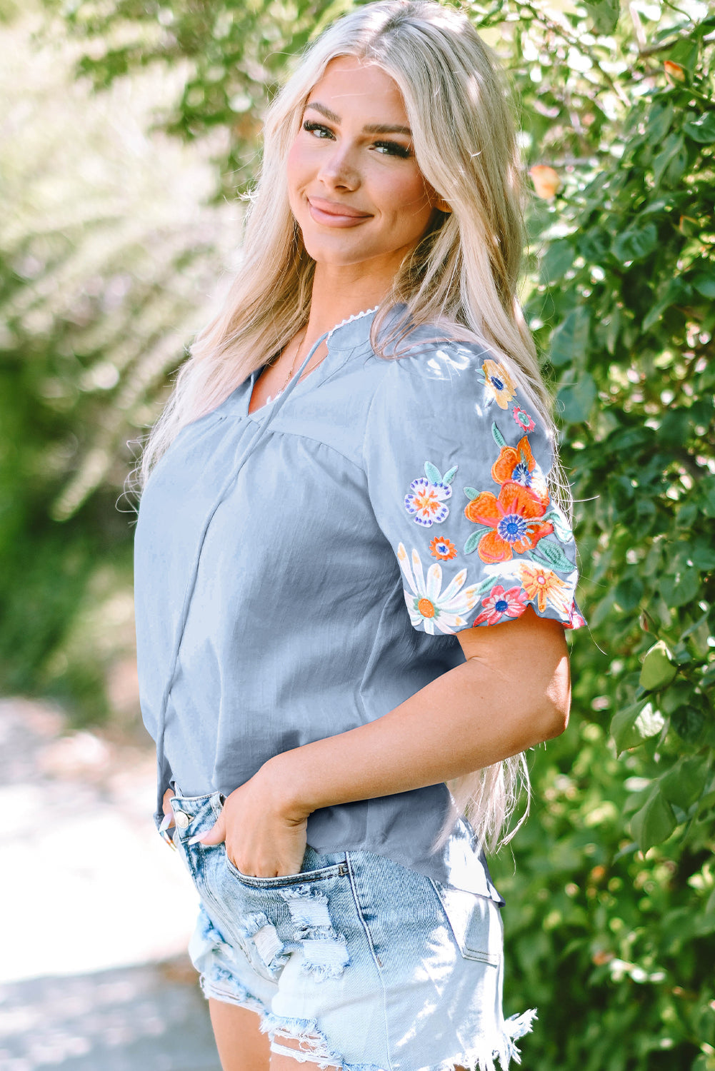 Threaded Pear Hadlee Floral Embroidered Puff Sleeve Split Neck Blouse