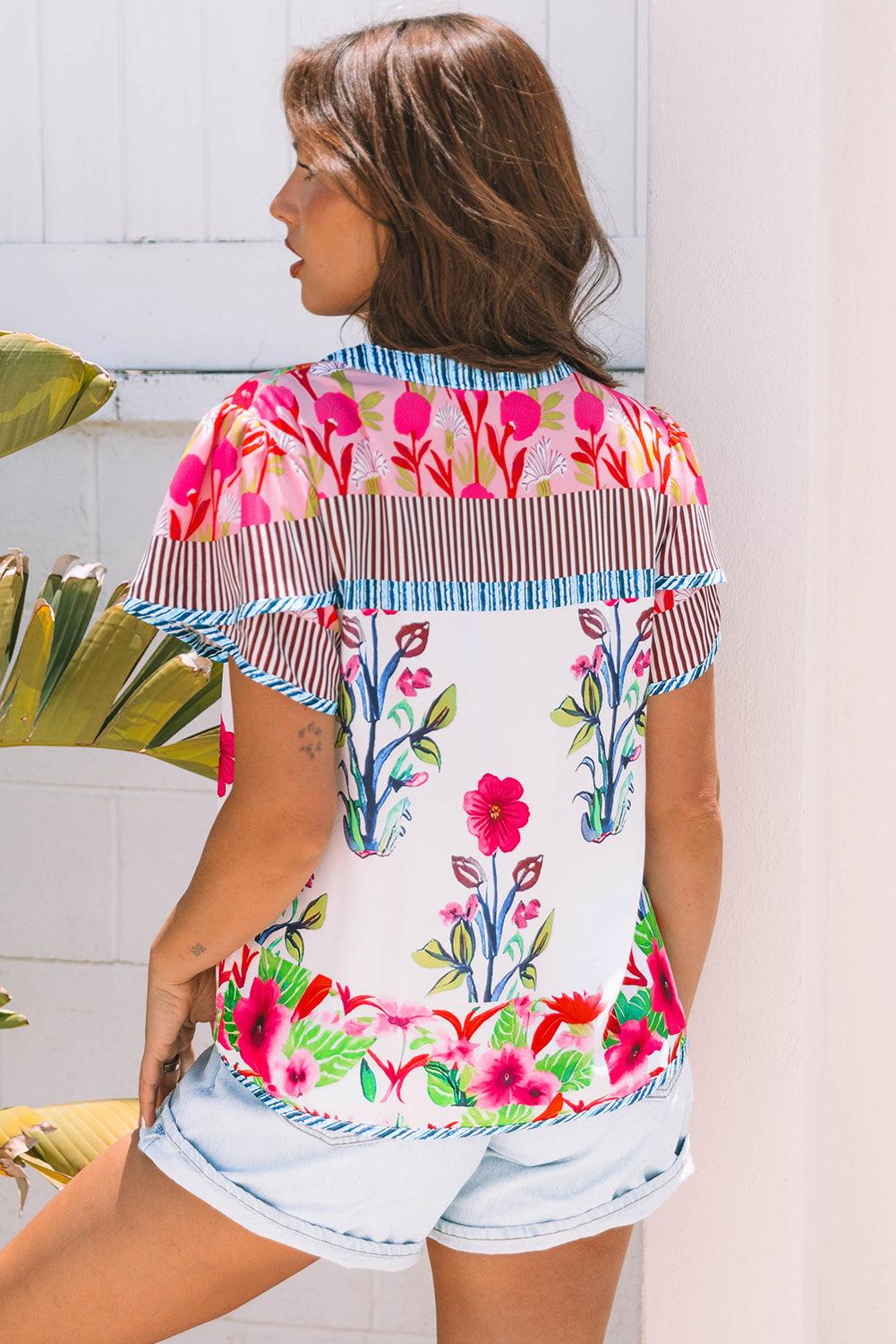 Threaded Pear Maya Floral Striped Split Neck Blouse