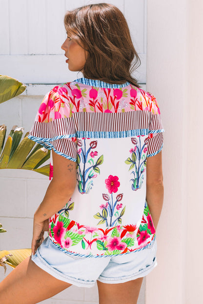 Threaded Pear Maya Floral Striped Split Neck Blouse