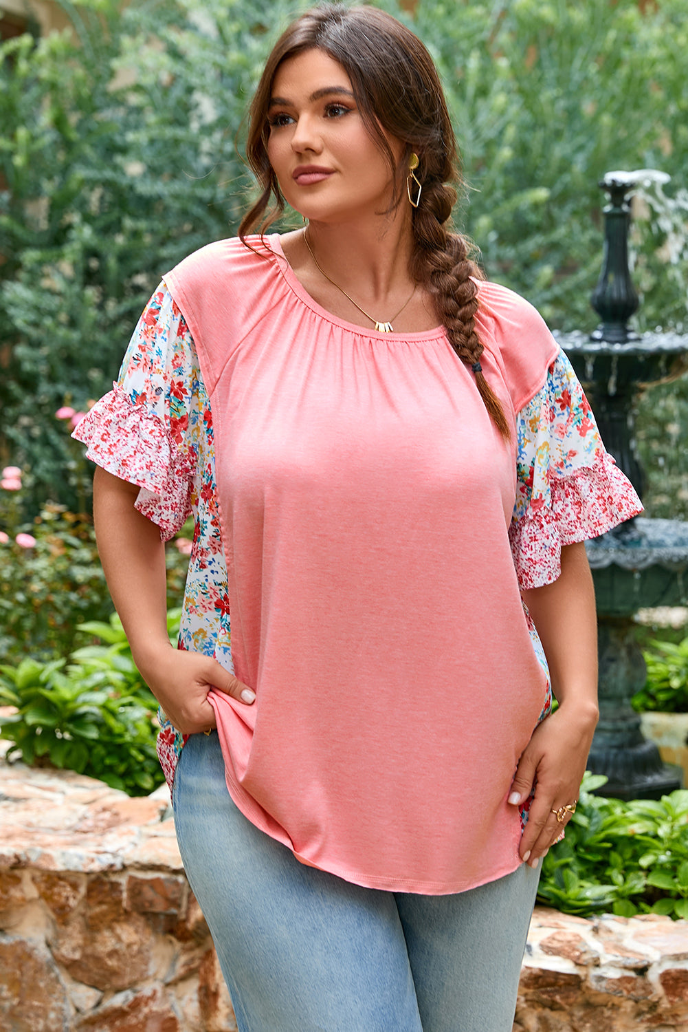 Threaded Pear Lacey Ruffled Short Sleeve PLUS Blouse