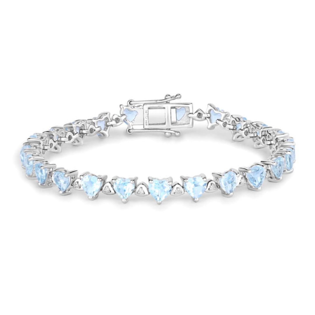 Heart Blue Topaz & Diamond Prong Silver Tennis Bracelet