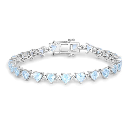 Heart Blue Topaz & Diamond Prong Silver Tennis Bracelet