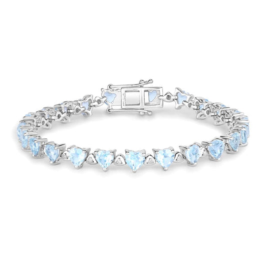 Heart Blue Topaz & Diamond Prong Silver Tennis Bracelet