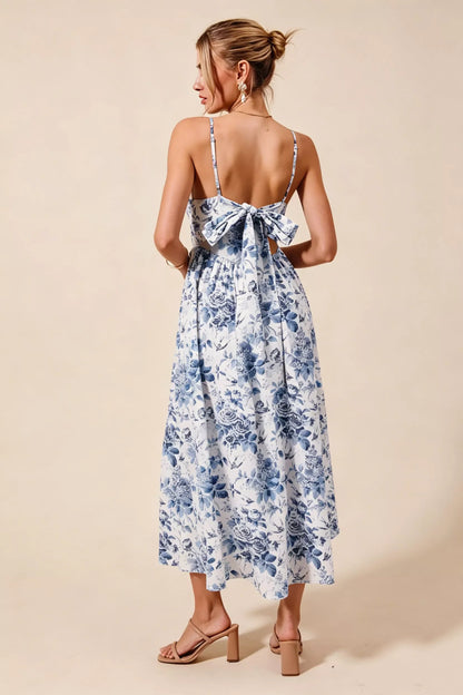SO ME Floral Woven V Neck Dress With Back Ribbon Tie