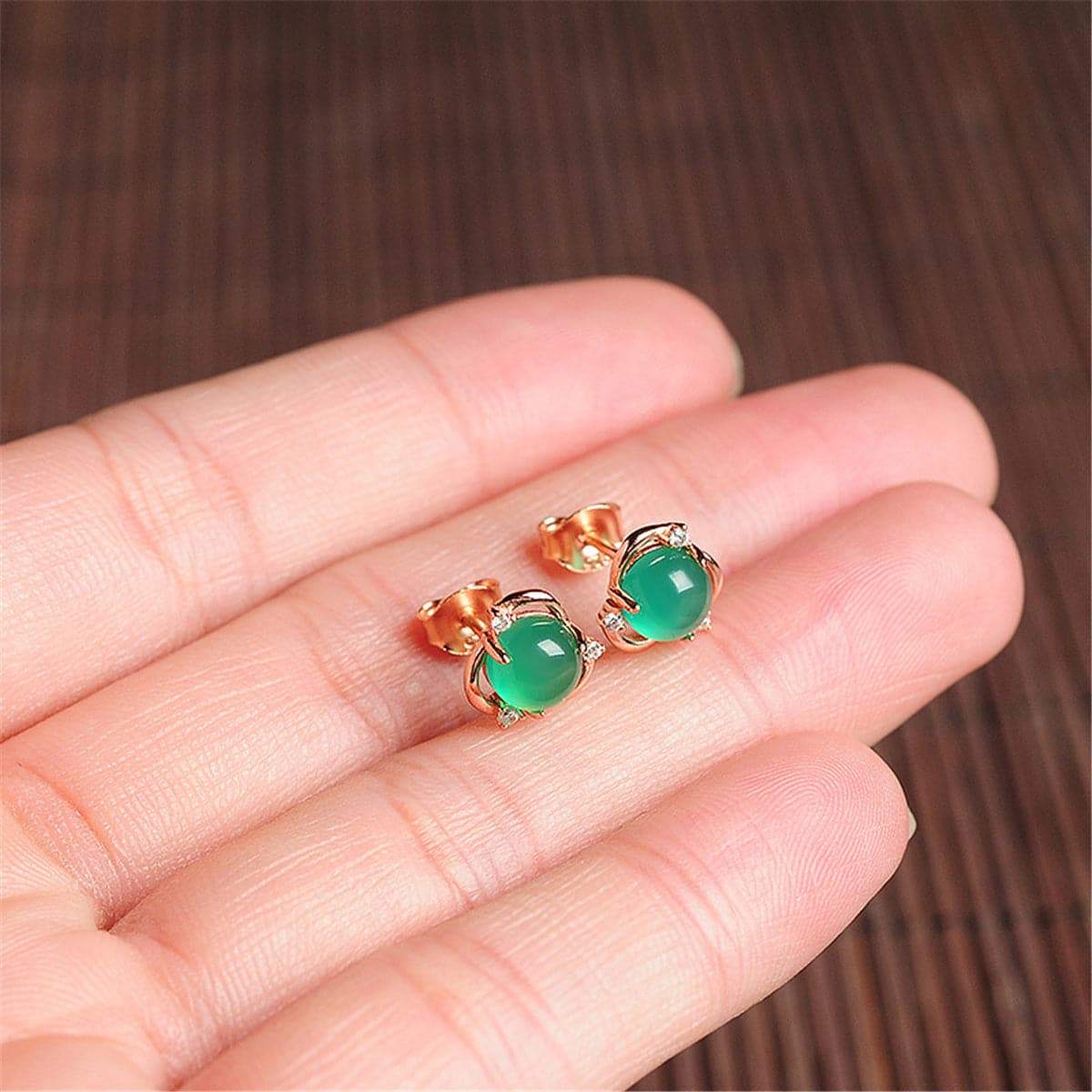 Green Jade & Cubic Zirconia Goldtone Stud Earrings