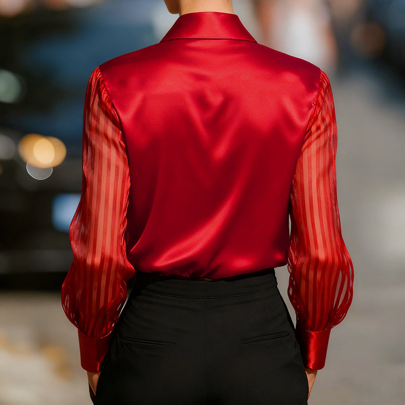Women’s Satin Lapel Collar Blouse – Sheer Long Sleeve Button-Down Shirt for Office & Spring/Autumn Wear