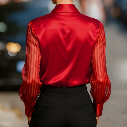 Women’s Satin Lapel Collar Blouse – Sheer Long Sleeve Button-Down Shirt for Office & Spring/Autumn Wear