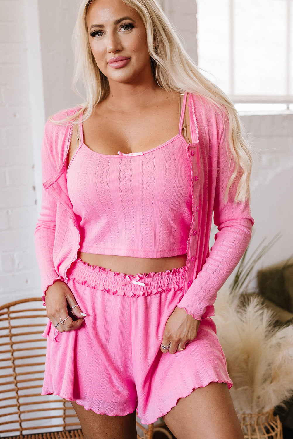 Threaded Pear Ayla Cropped Cami Shorts and Cardigan Lounge Set