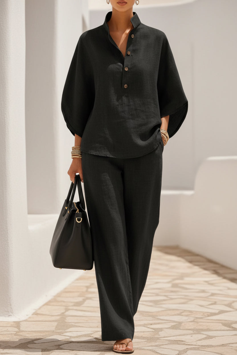 Women's Linen-Look Stand Collar Batwing Top & Wide-Leg Pants Set