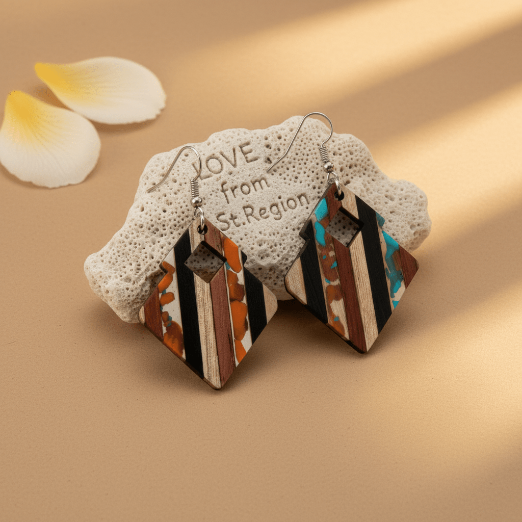 Multi-Colored Resin & Wood Silvertone Striped Stacked Square Hook Earrings