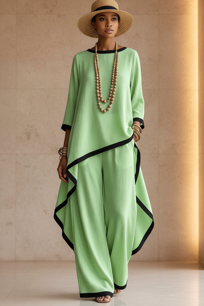 Women's Asymmetric Linen Tunic & Wide-Leg Pants Set