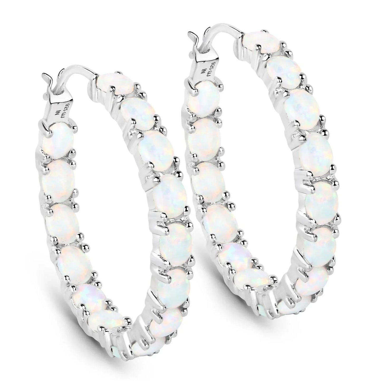 2.05 Ct Oval White Opal Prong Sterling Silver Tennis Hoop Clip-On Earrings