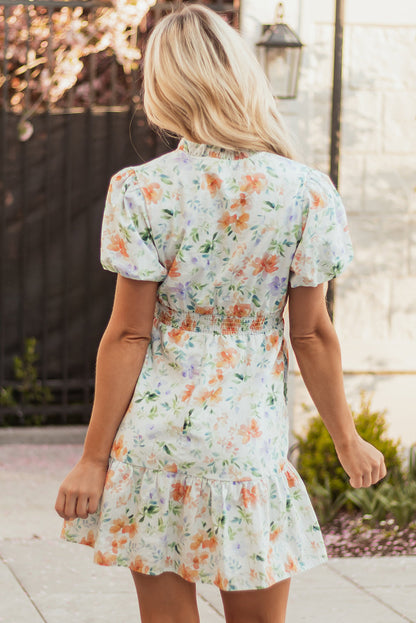 Threaded Pear Katharine Floral Shirred High Waist Puff Sleeve Mini Dress