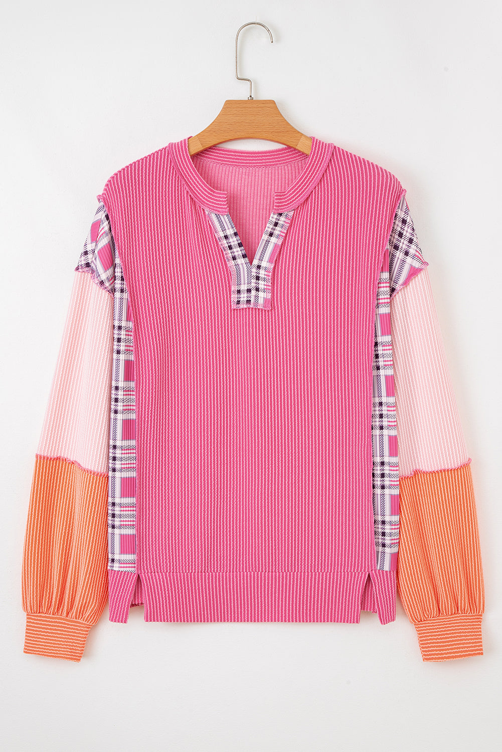 Threaded Pear Maddie Texture Colorblock Patchwork Long Sleeve PLUS Top