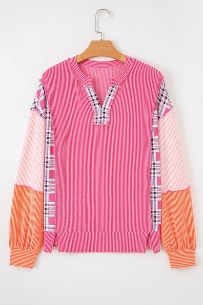 Threaded Pear Maddie Texture Colorblock Patchwork Long Sleeve PLUS Top