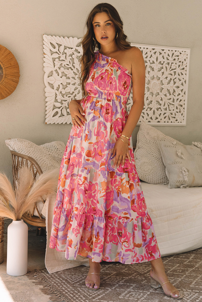 Threaded Pear Malaysia Floral Print Shirred One Shoulder Maxi Dress