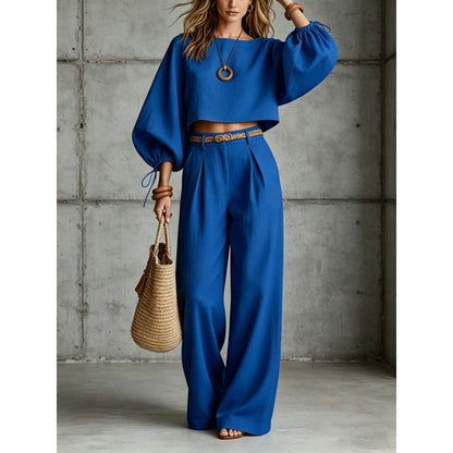 Women's Balloon Puff Sleeve Tie-Cuff Crop Top & Pleated Wide-Leg Trousers Set