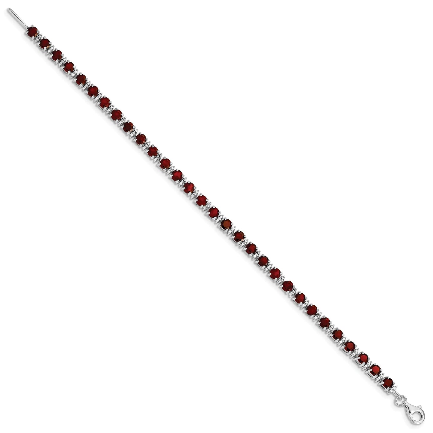 Round Red Garnet & Diamond Prong Sterling Silver Tennis Bracelet