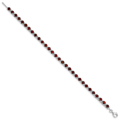 Round Red Garnet & Diamond Prong Sterling Silver Tennis Bracelet
