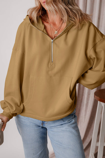 Threaded Pear Kate Fleece Lined Half Zipper Kangaroo Pockets Loose Hoodie