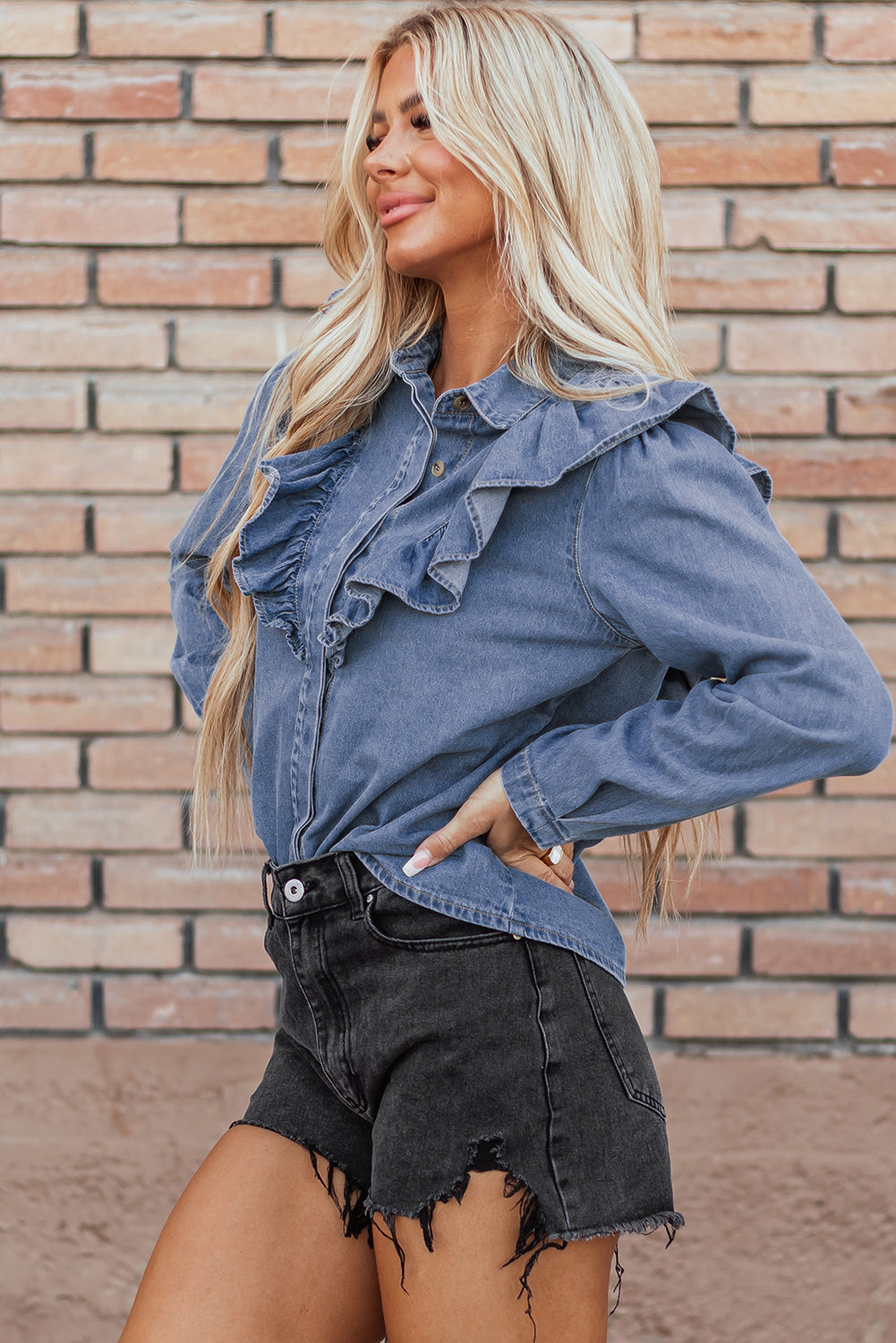 Threaded Pear Trinity Denim Ruffled Casual Top