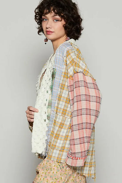 POL Raw Edge Plaid Open Front Cardigan