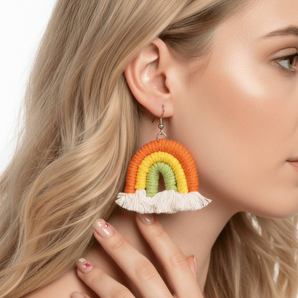Orange Multi-Colored Yarn & Silvertone Rainbow Tassel Hook Earrings