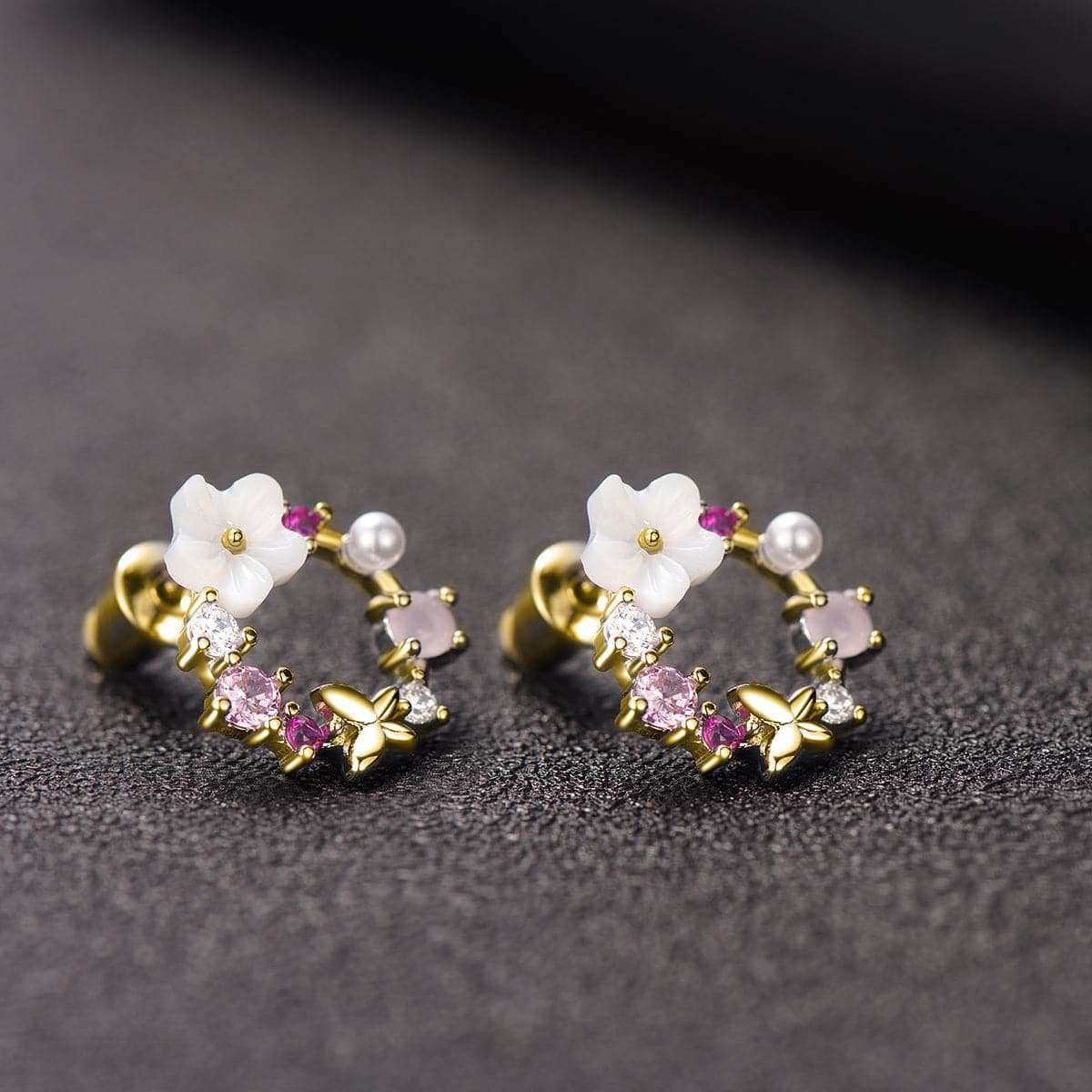 Opal & Cubic Zirconia Butterfly & Floral Stud Earrings-2