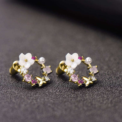 Opal & Cubic Zirconia Butterfly & Floral Stud Earrings-2