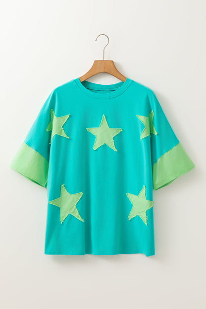 Threaded Pear Etta Frayed Denim Star Patched Oversize Top