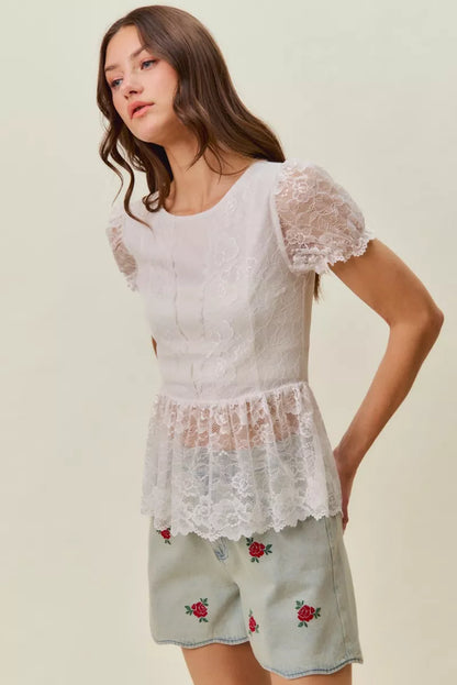 SO ME Rose Embroidery High Rise Scallop Hem Denim Shorts