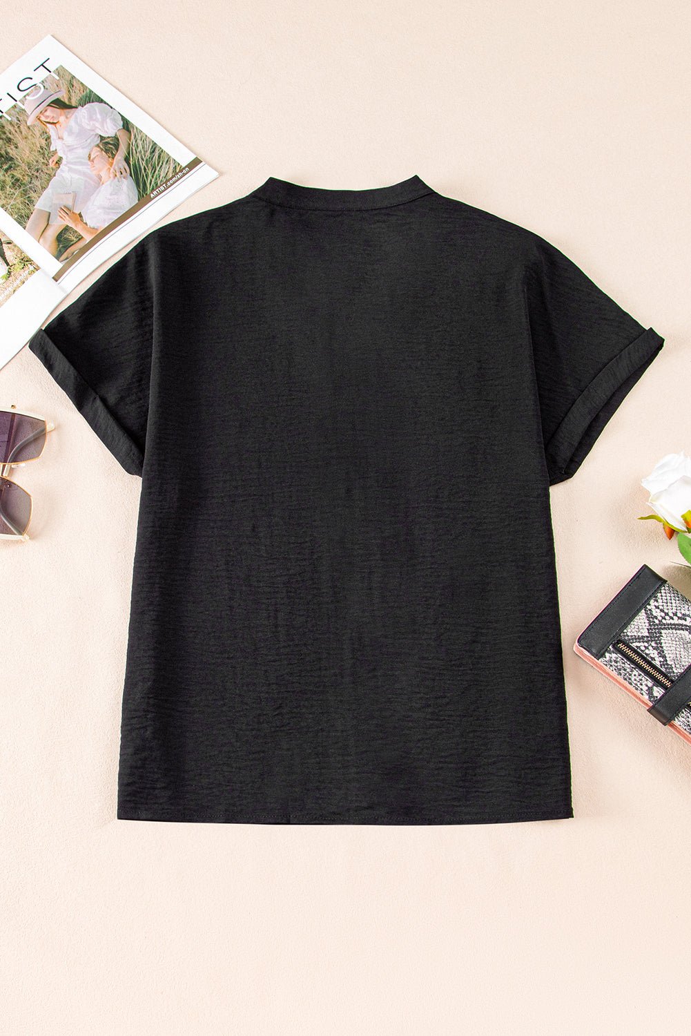 Threaded Pear Lilla Notched Neck Batwing Sleeve Lightweight Blouse