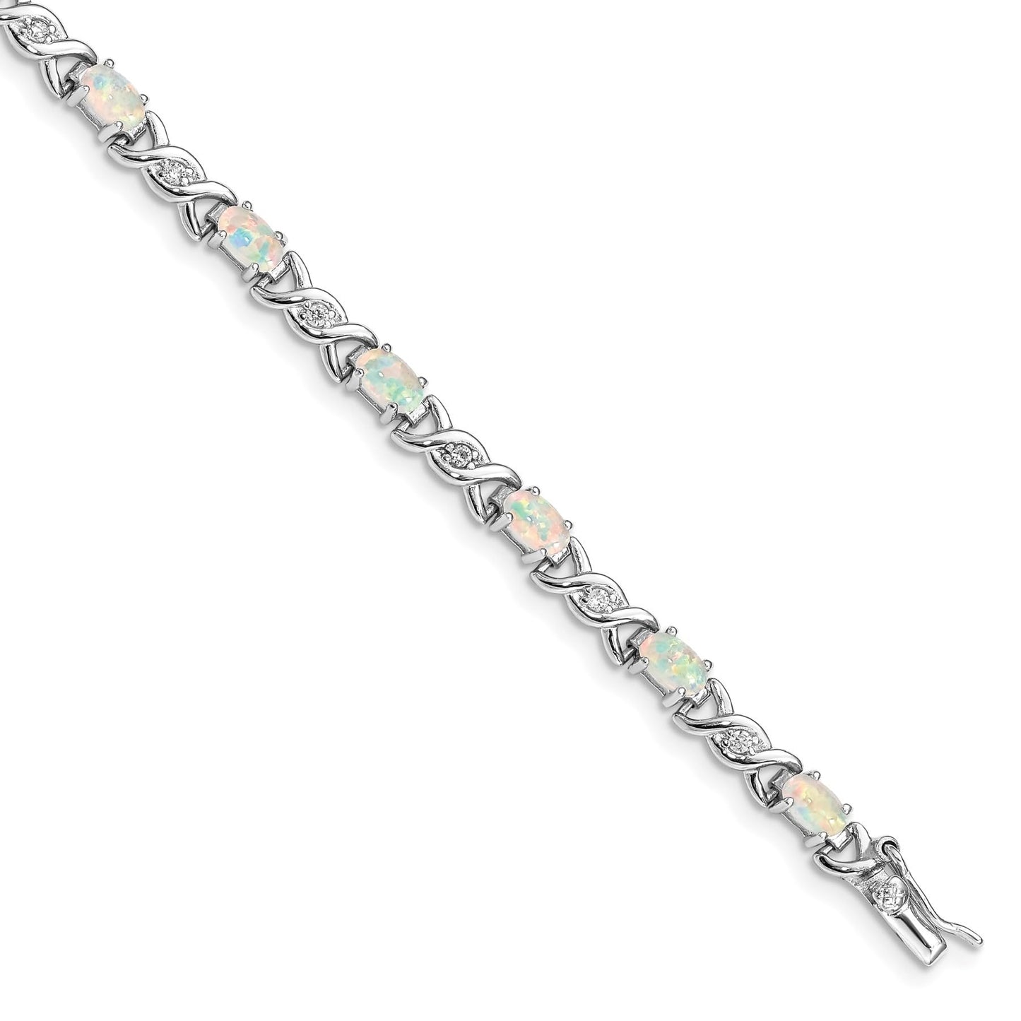 Oval White Created Opal & Diamond Prong Sterling Silver Infinity Link Bracelet