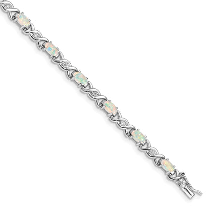 Oval White Created Opal & Diamond Prong Sterling Silver Infinity Link Bracelet