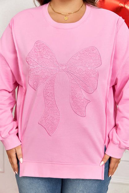 Threaded Pear Pink Big Bow Lace Embroidered Dolman Sleeve Slit Plus Size Sweatshirt