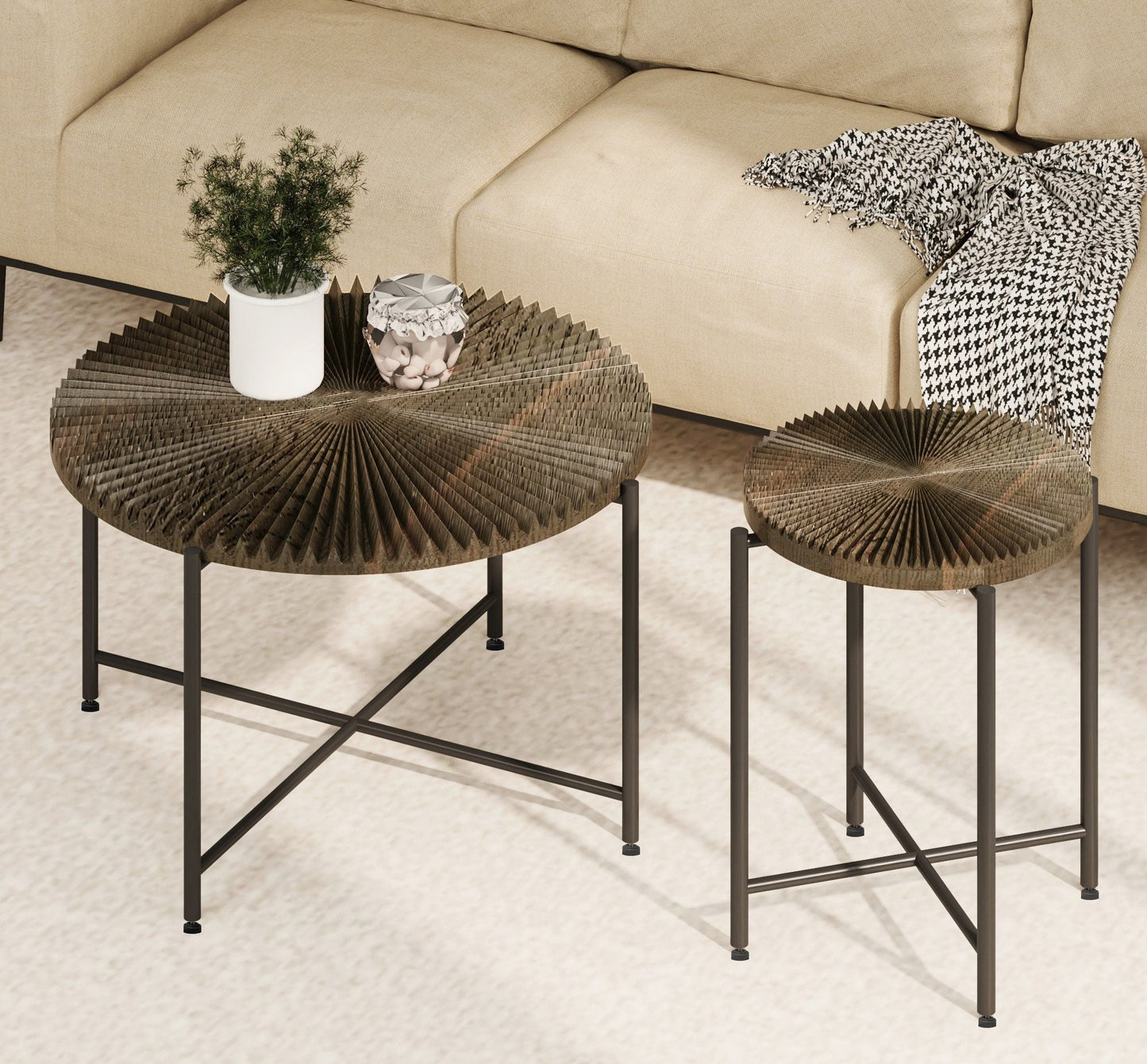 Radial - Pattern Coffee and End Table Set Waterproof Cover, Distressed Cylindrical Design (Set of 2)