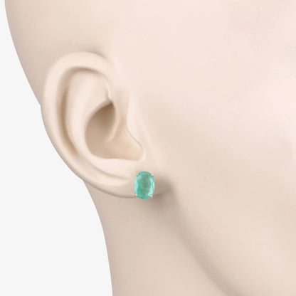 2.40 Ct Oval Green Zambian Emerald Prong 10K White Gold Stud Earrings