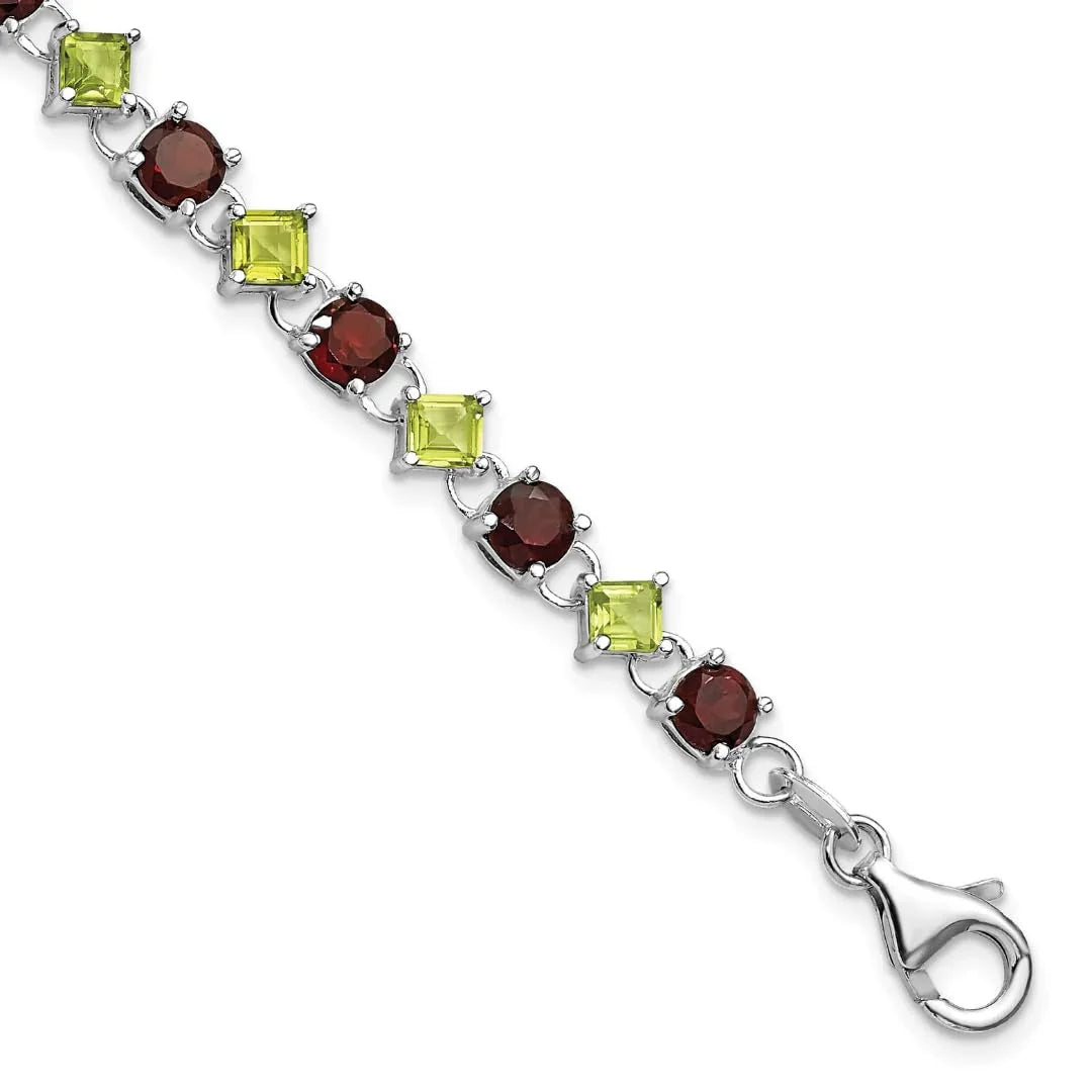 Red Garnet & Green Peridot Prong Sterling Silver Link Bracelet