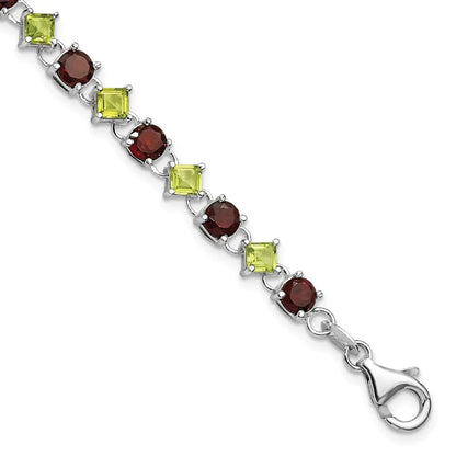 Red Garnet & Green Peridot Prong Sterling Silver Link Bracelet