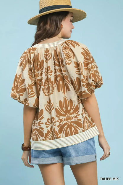 Umgee Mix Printed Puff Sleeve Top with Contrast Trim