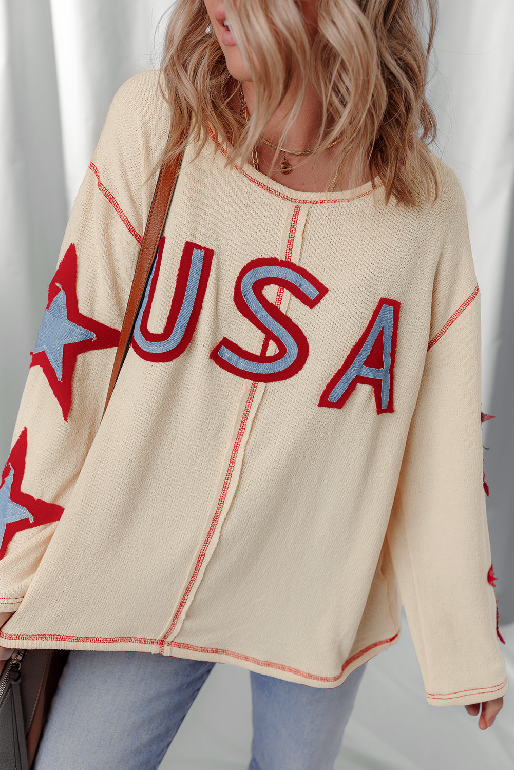 Threaded Pear USA Patchwork Exposed Seam Long Sleeve Top