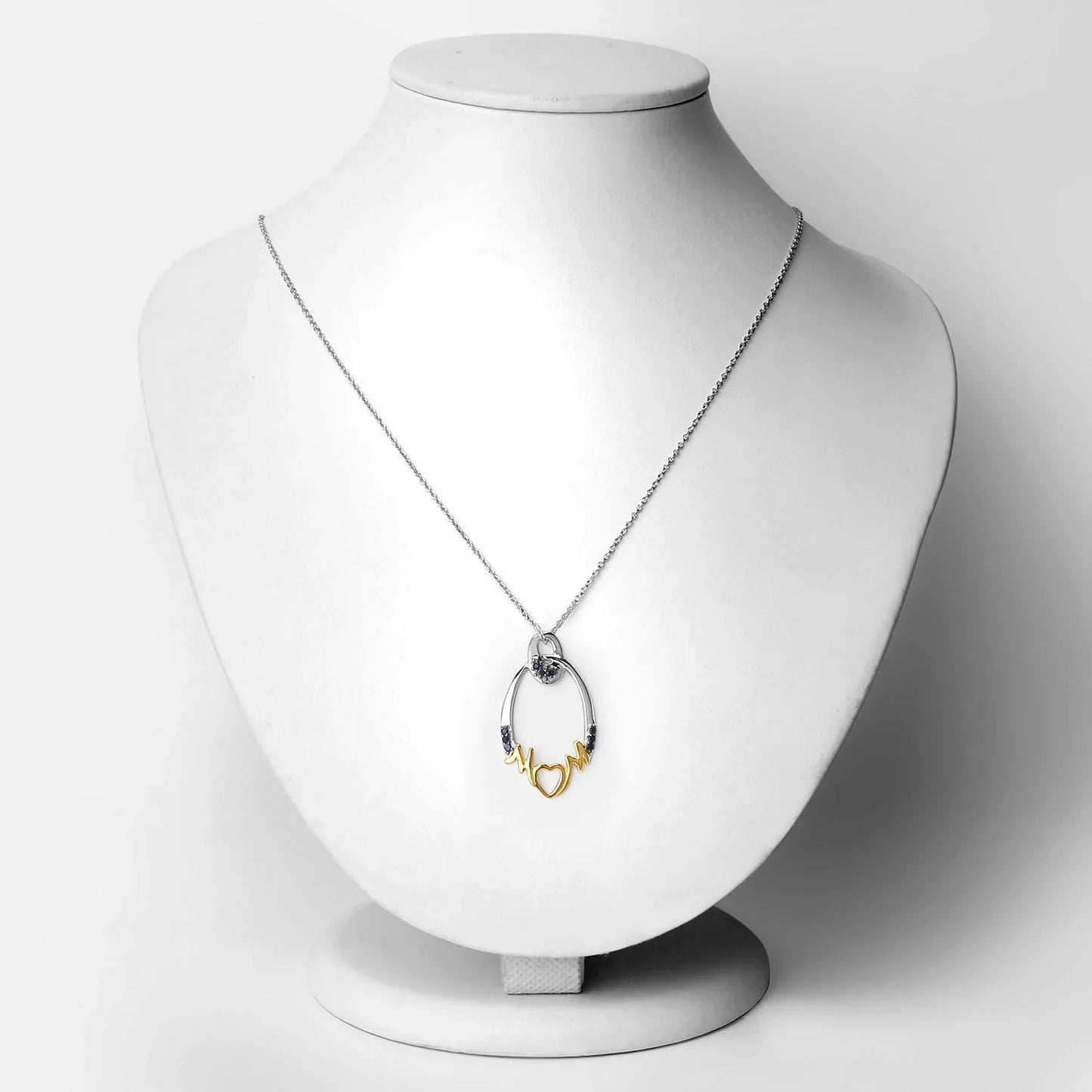 Round Blue Sapphire Prong Silver Mom Pendant Necklace