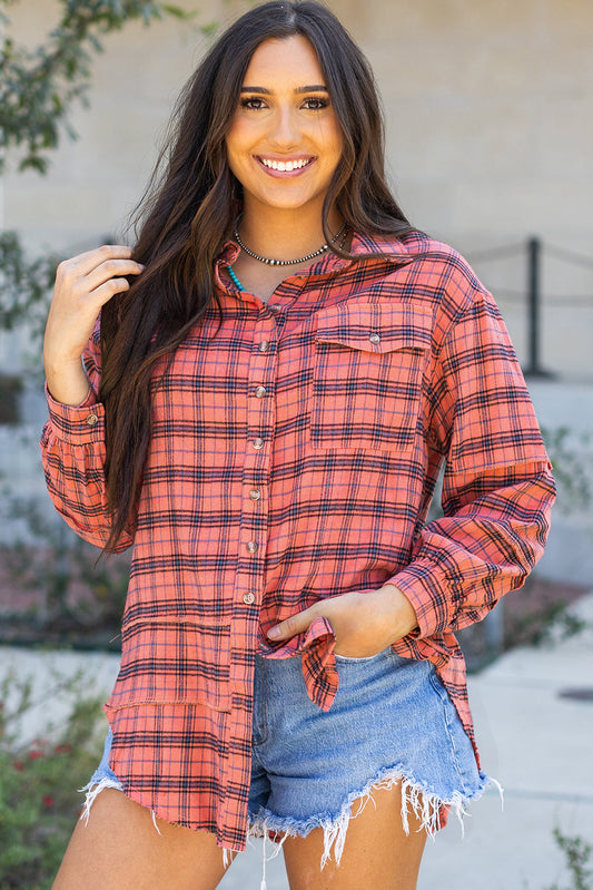Plaid Long Sleeve Side Split Distressed Shirt - Threaded Pear