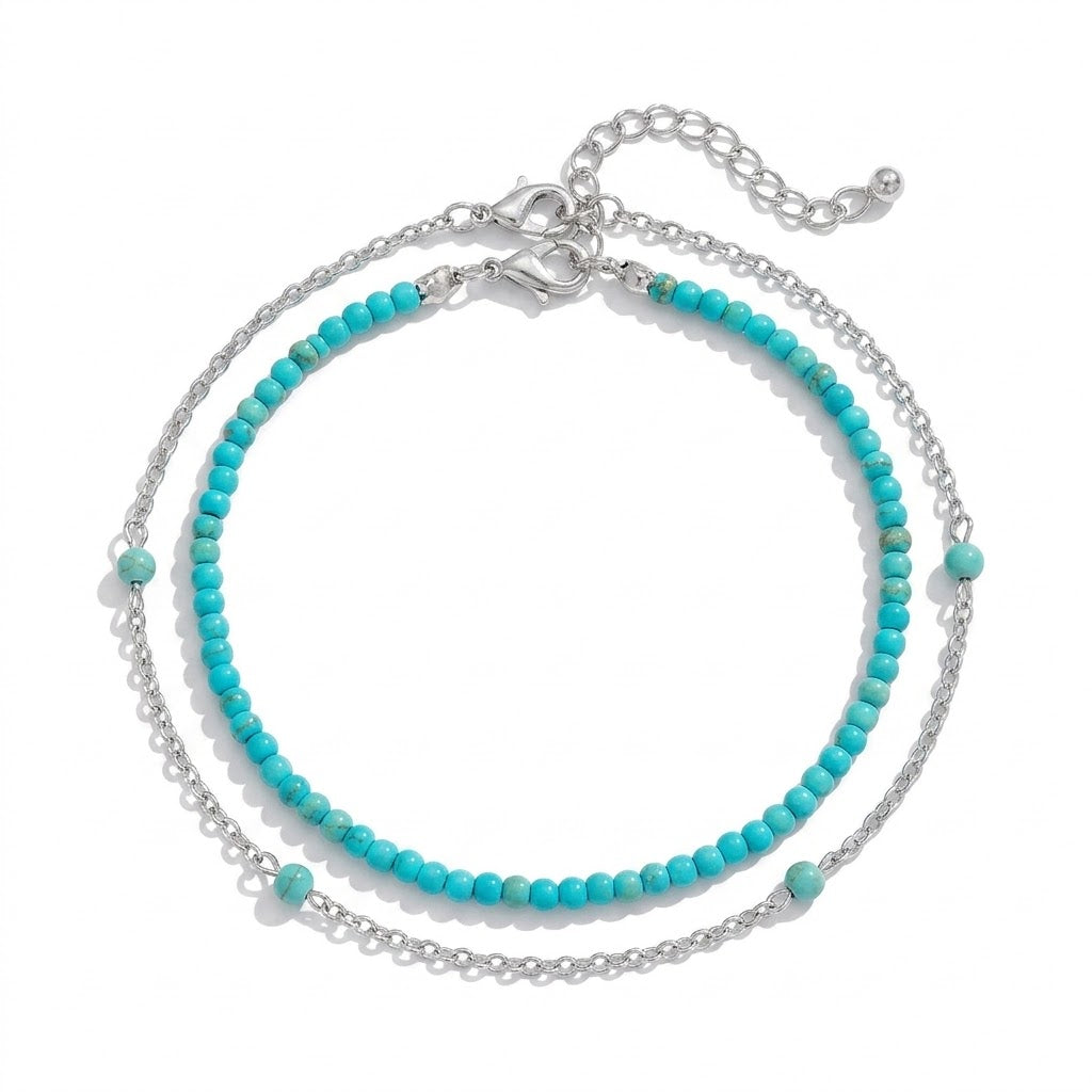 Turqouise & Silvertone Beads Chian Anklet Set