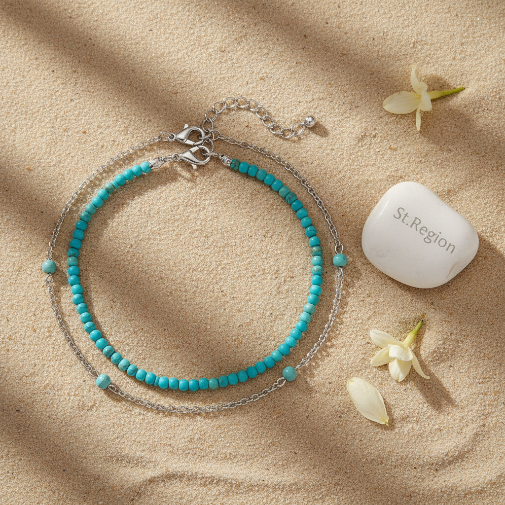 Turqouise & Silvertone Beads Chian Anklet Set