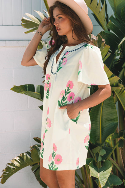 Threaded Pear Paloma Floral Short Sleeve Split Neck Loose Mini Dress
