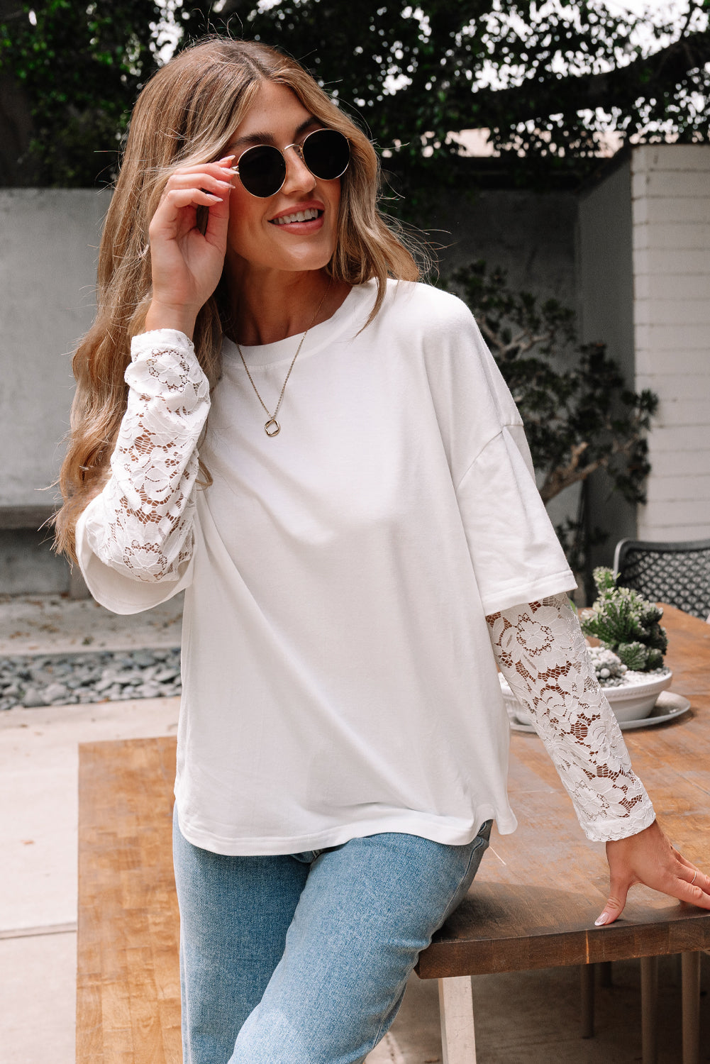 Threaded Pear Hallie Lace Long Sleeve Insert Drop Shoulder Top