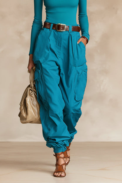 Women's High-Waist Cargo Parachute Pants with Elastic Ankle Cuffs