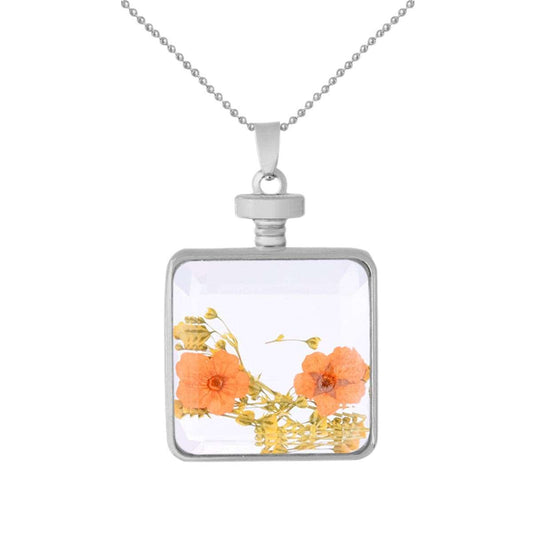 Yellow & Silvertone Pressed Flower Square Pendant Necklace